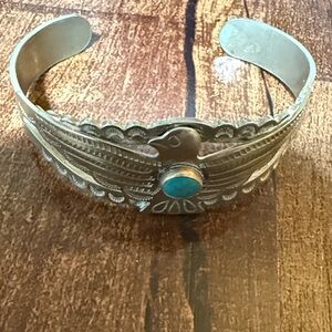 Vintage Silver-Tone Thunderbird Cuff Bracelet with Turquoise Accent. Costume.